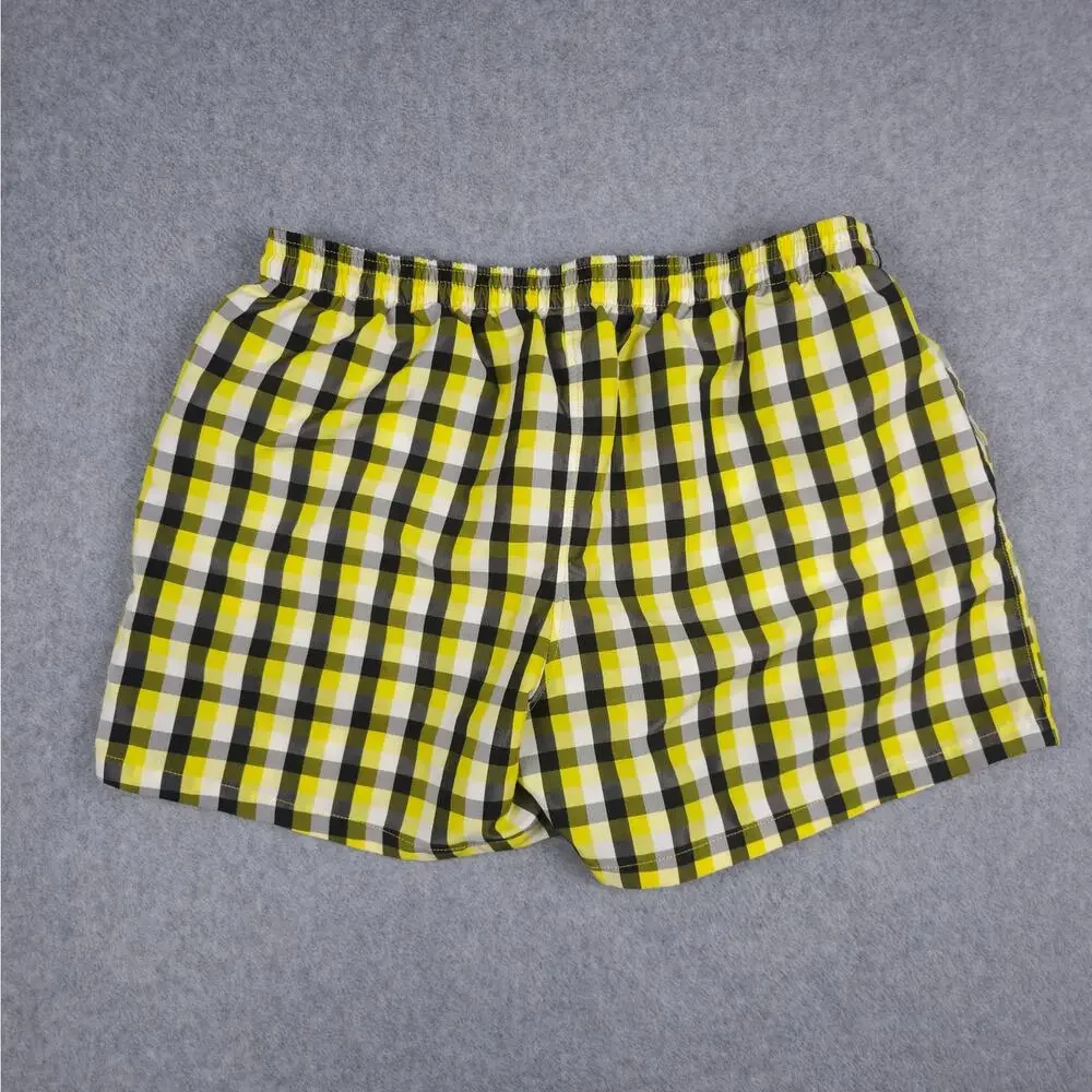 Primo Emporio Mens XL Yellow Black Plaid Swim Shorts Lined Pockets Drawstring